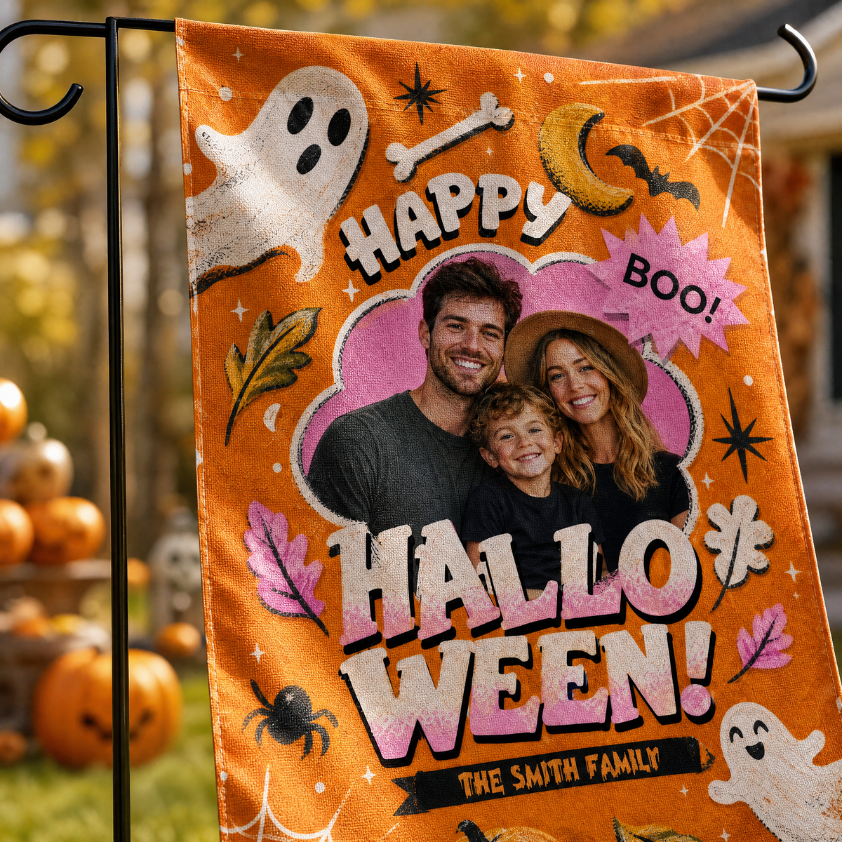 Personalized Happy Halloween Custom Family Photo Ghost Pumpkin Double Sided Outdoor Garden Flag Custom Name Yard Banner