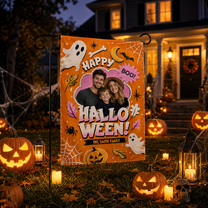 Personalized Happy Halloween Custom Family Photo Ghost Pumpkin Double Sided Outdoor Garden Flag Custom Name Yard Banner