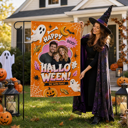 Personalized Happy Halloween Custom Family Photo Ghost Pumpkin Double Sided Outdoor Garden Flag Custom Name Yard Banner