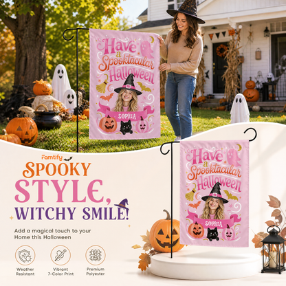 Personalized Spooktacular Custom Photo Witch Hat Ghost Pumpkin Double Sided Outdoor Garden Flag Custom Name Yard Banner