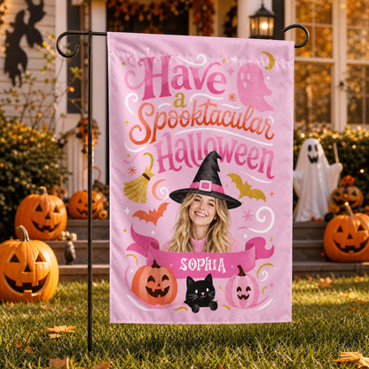 Personalized Spooktacular Custom Photo Witch Hat Ghost Pumpkin Double Sided Outdoor Garden Flag Custom Name Yard Banner
