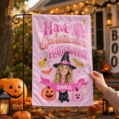 Personalized Spooktacular Custom Photo Witch Hat Ghost Pumpkin Double Sided Outdoor Garden Flag Custom Name Yard Banner