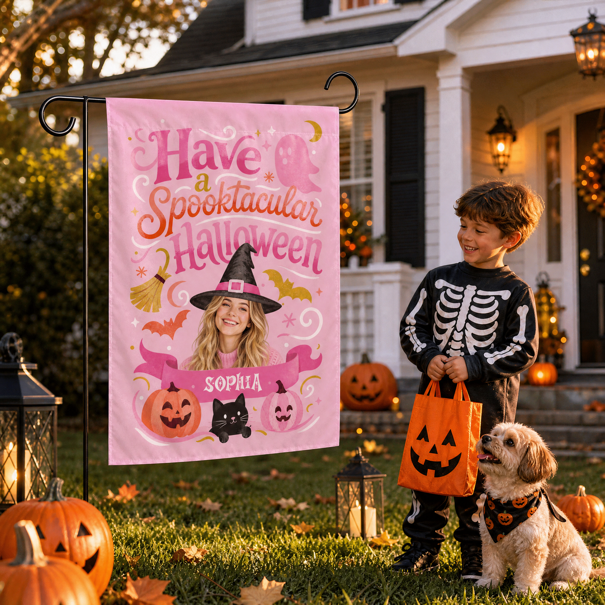 Personalized Spooktacular Custom Photo Witch Hat Ghost Pumpkin Double Sided Outdoor Garden Flag Custom Name Yard Banner