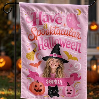 Personalized Spooktacular Custom Photo Witch Hat Ghost Pumpkin Double Sided Outdoor Garden Flag Custom Name Yard Banner