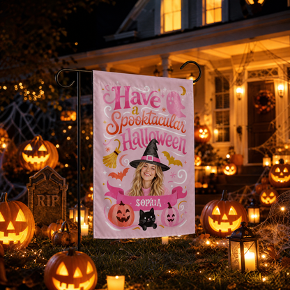 Personalized Spooktacular Custom Photo Witch Hat Ghost Pumpkin Double Sided Outdoor Garden Flag Custom Name Yard Banner