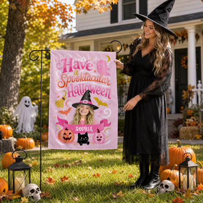 Personalized Spooktacular Custom Photo Witch Hat Ghost Pumpkin Double Sided Outdoor Garden Flag Custom Name Yard Banner
