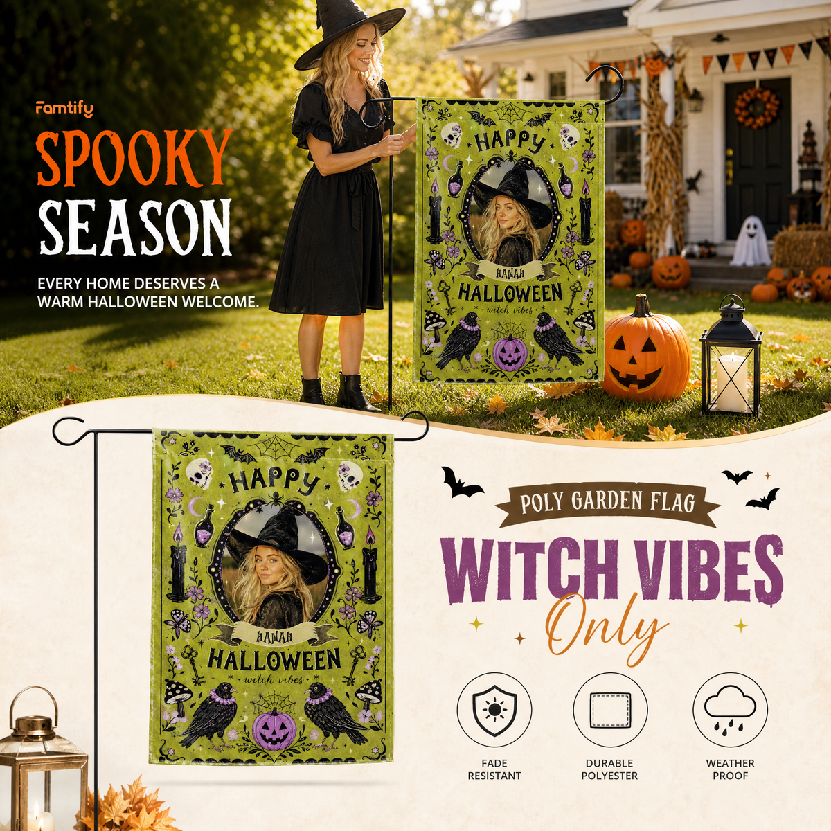 Personalized Happy Halloween Witch Vibes Custom Photo Crow Potion Double Sided Outdoor Garden Flag Custom Name Yard Banner