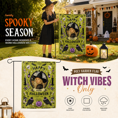 Personalized Happy Halloween Witch Vibes Custom Photo Crow Potion Double Sided Outdoor Garden Flag Custom Name Yard Banner