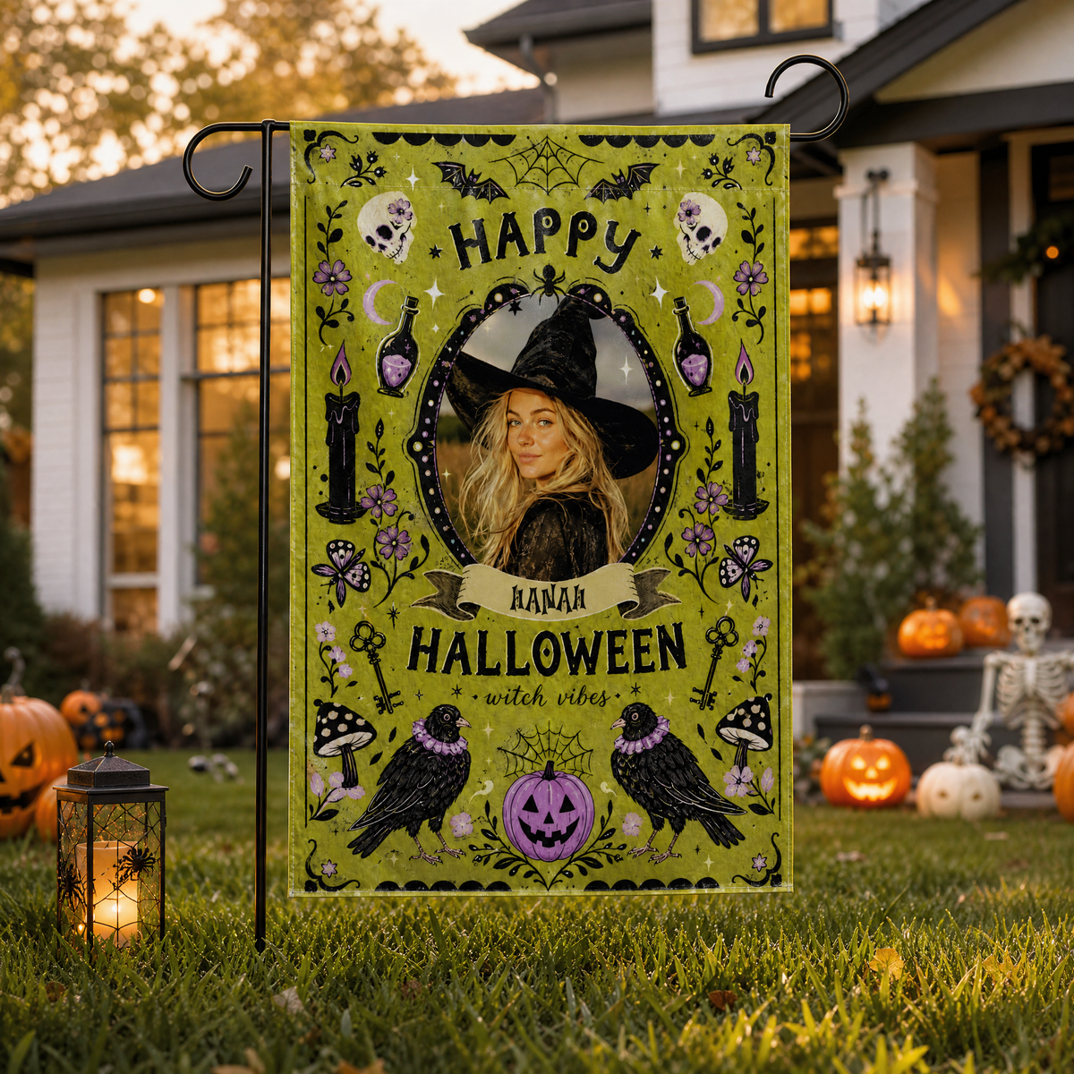 Personalized Happy Halloween Witch Vibes Custom Photo Crow Potion Double Sided Outdoor Garden Flag Custom Name Yard Banner