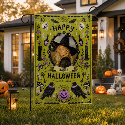Personalized Happy Halloween Witch Vibes Custom Photo Crow Potion Double Sided Outdoor Garden Flag Custom Name Yard Banner