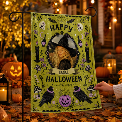 Personalized Happy Halloween Witch Vibes Custom Photo Crow Potion Double Sided Outdoor Garden Flag Custom Name Yard Banner