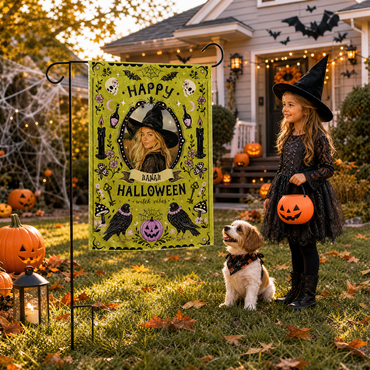 Personalized Happy Halloween Witch Vibes Custom Photo Crow Potion Double Sided Outdoor Garden Flag Custom Name Yard Banner