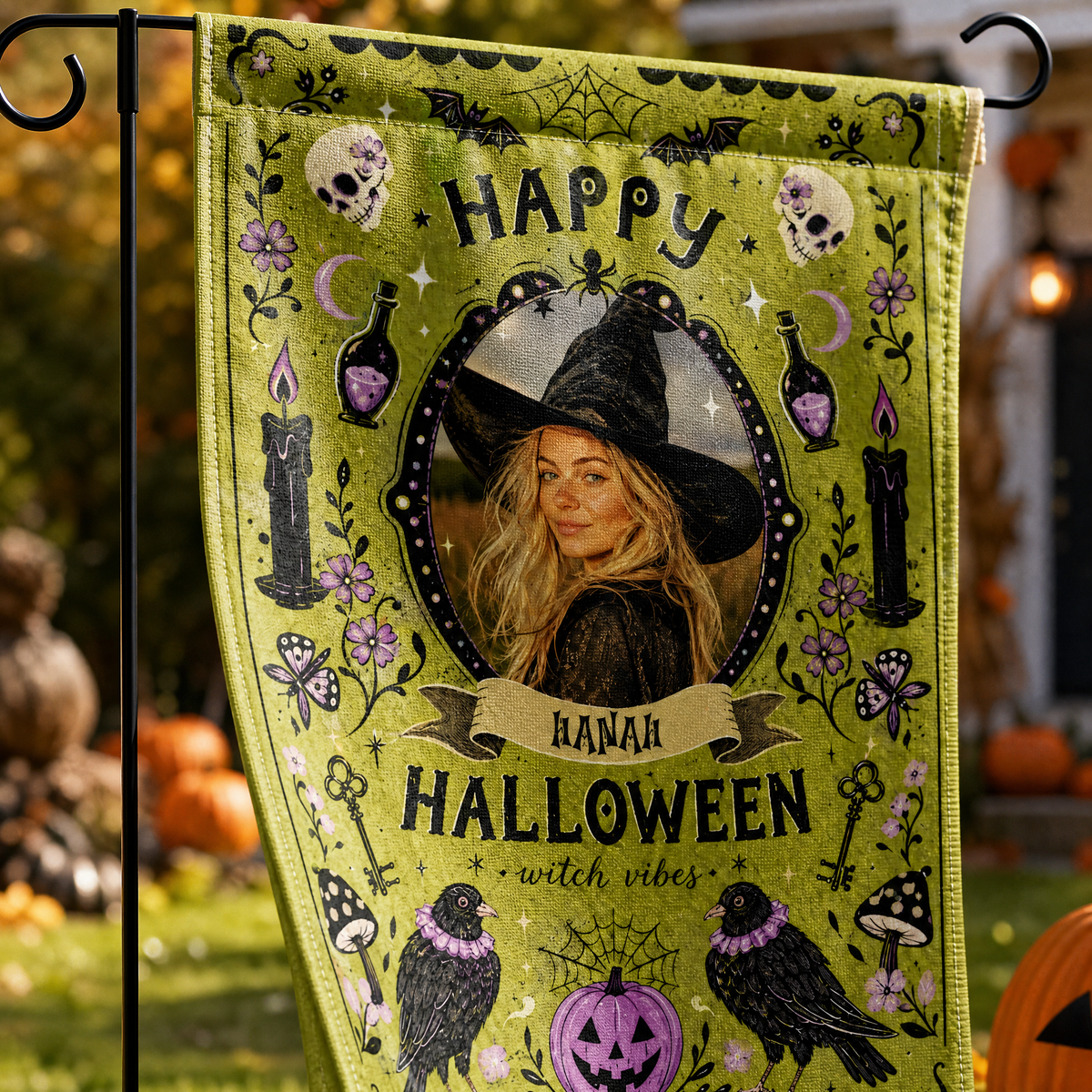 Personalized Happy Halloween Witch Vibes Custom Photo Crow Potion Double Sided Outdoor Garden Flag Custom Name Yard Banner