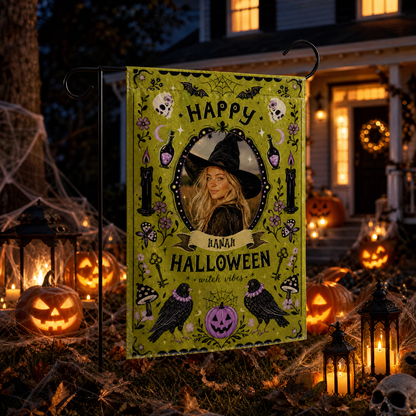 Personalized Happy Halloween Witch Vibes Custom Photo Crow Potion Double Sided Outdoor Garden Flag Custom Name Yard Banner