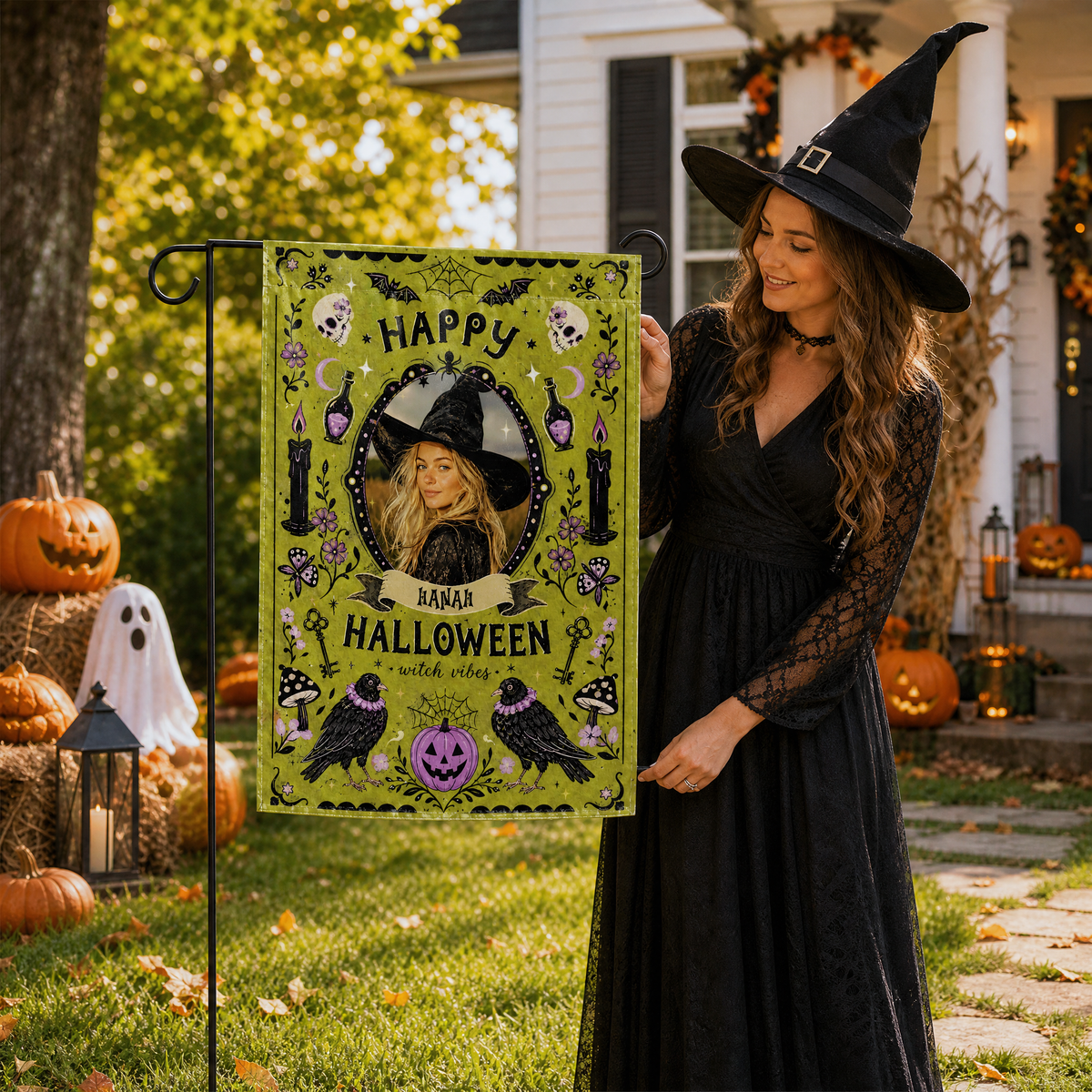 Personalized Happy Halloween Witch Vibes Custom Photo Crow Potion Double Sided Outdoor Garden Flag Custom Name Yard Banner