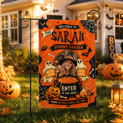 Personalized Spooky Garden Custom Photo Witch Cauldron Ghost Double Sided Outdoor Garden Flag Custom Name Yard Banner