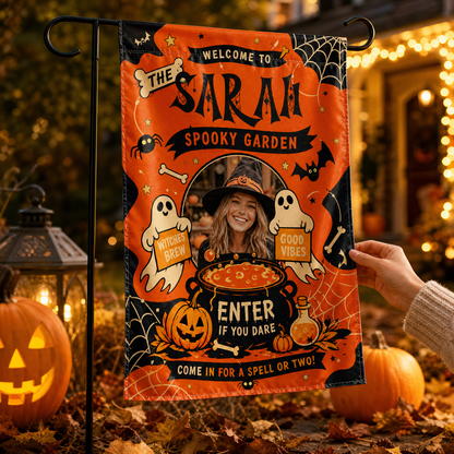 Personalized Spooky Garden Custom Photo Witch Cauldron Ghost Double Sided Outdoor Garden Flag Custom Name Yard Banner