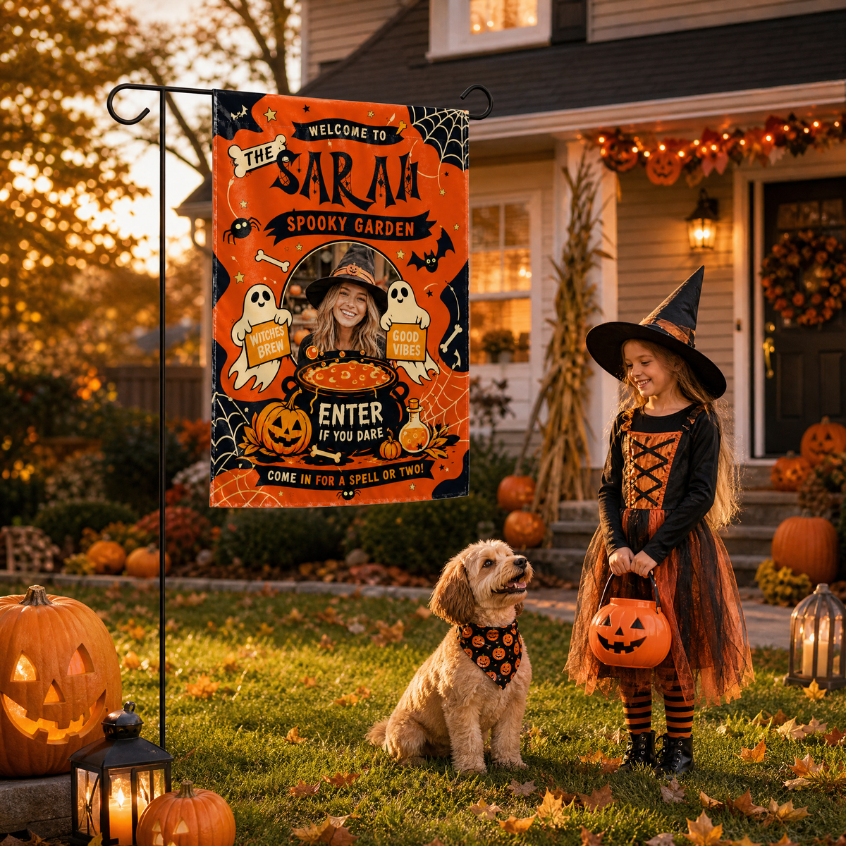 Personalized Spooky Garden Custom Photo Witch Cauldron Ghost Double Sided Outdoor Garden Flag Custom Name Yard Banner