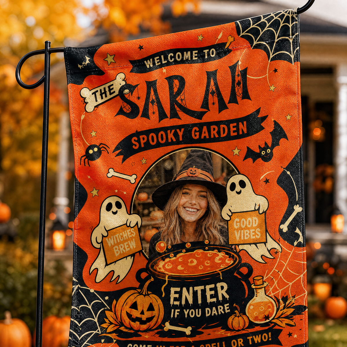 Personalized Spooky Garden Custom Photo Witch Cauldron Ghost Double Sided Outdoor Garden Flag Custom Name Yard Banner