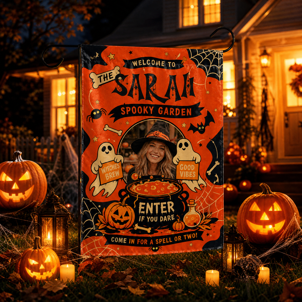 Personalized Spooky Garden Custom Photo Witch Cauldron Ghost Double Sided Outdoor Garden Flag Custom Name Yard Banner
