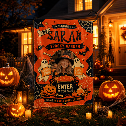 Personalized Spooky Garden Custom Photo Witch Cauldron Ghost Double Sided Outdoor Garden Flag Custom Name Yard Banner
