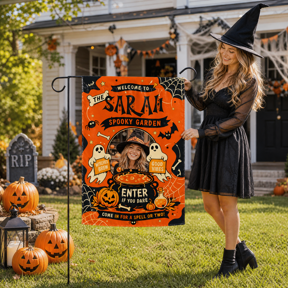 Personalized Spooky Garden Custom Photo Witch Cauldron Ghost Double Sided Outdoor Garden Flag Custom Name Yard Banner