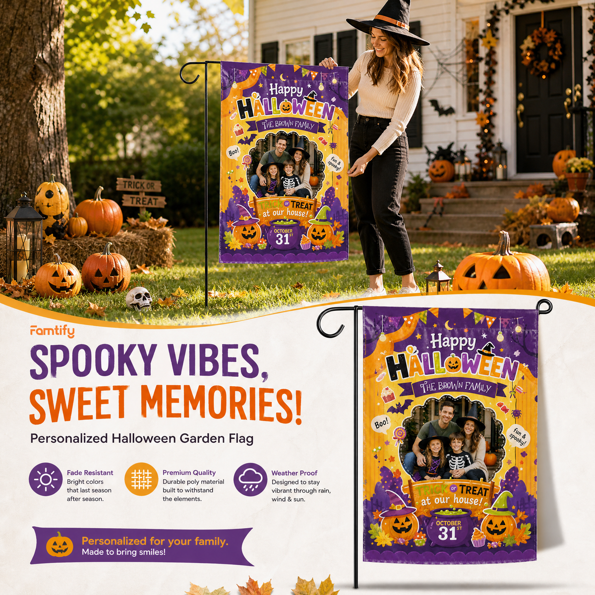 Personalized Happy Halloween Custom Family Photo Pumpkin Cauldron Double Sided Outdoor Garden Flag Custom Name Yard Banner