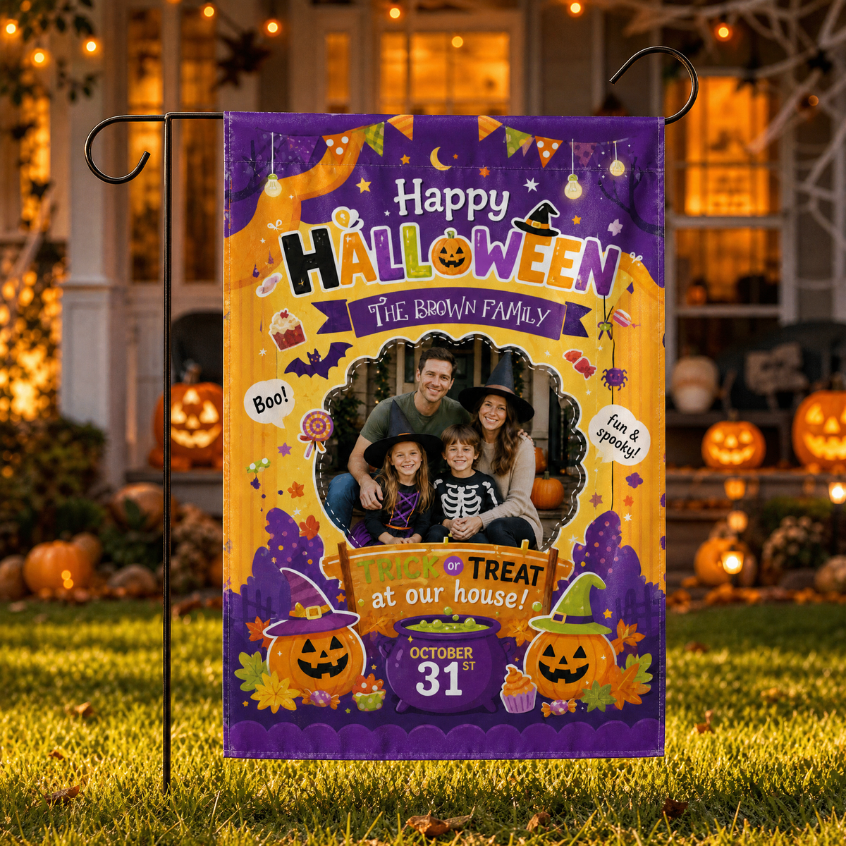 Personalized Happy Halloween Custom Family Photo Pumpkin Cauldron Double Sided Outdoor Garden Flag Custom Name Yard Banner