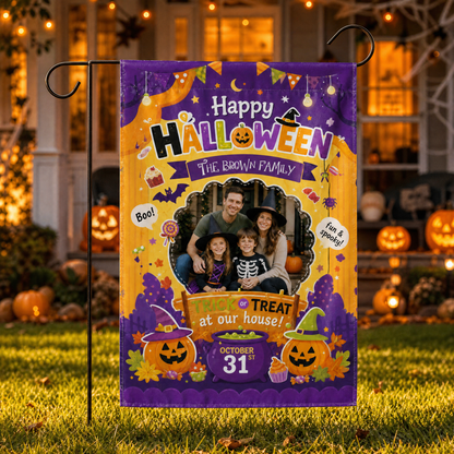 Personalized Happy Halloween Custom Family Photo Pumpkin Cauldron Double Sided Outdoor Garden Flag Custom Name Yard Banner