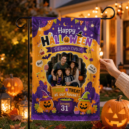 Personalized Happy Halloween Custom Family Photo Pumpkin Cauldron Double Sided Outdoor Garden Flag Custom Name Yard Banner