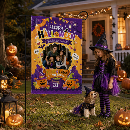 Personalized Happy Halloween Custom Family Photo Pumpkin Cauldron Double Sided Outdoor Garden Flag Custom Name Yard Banner