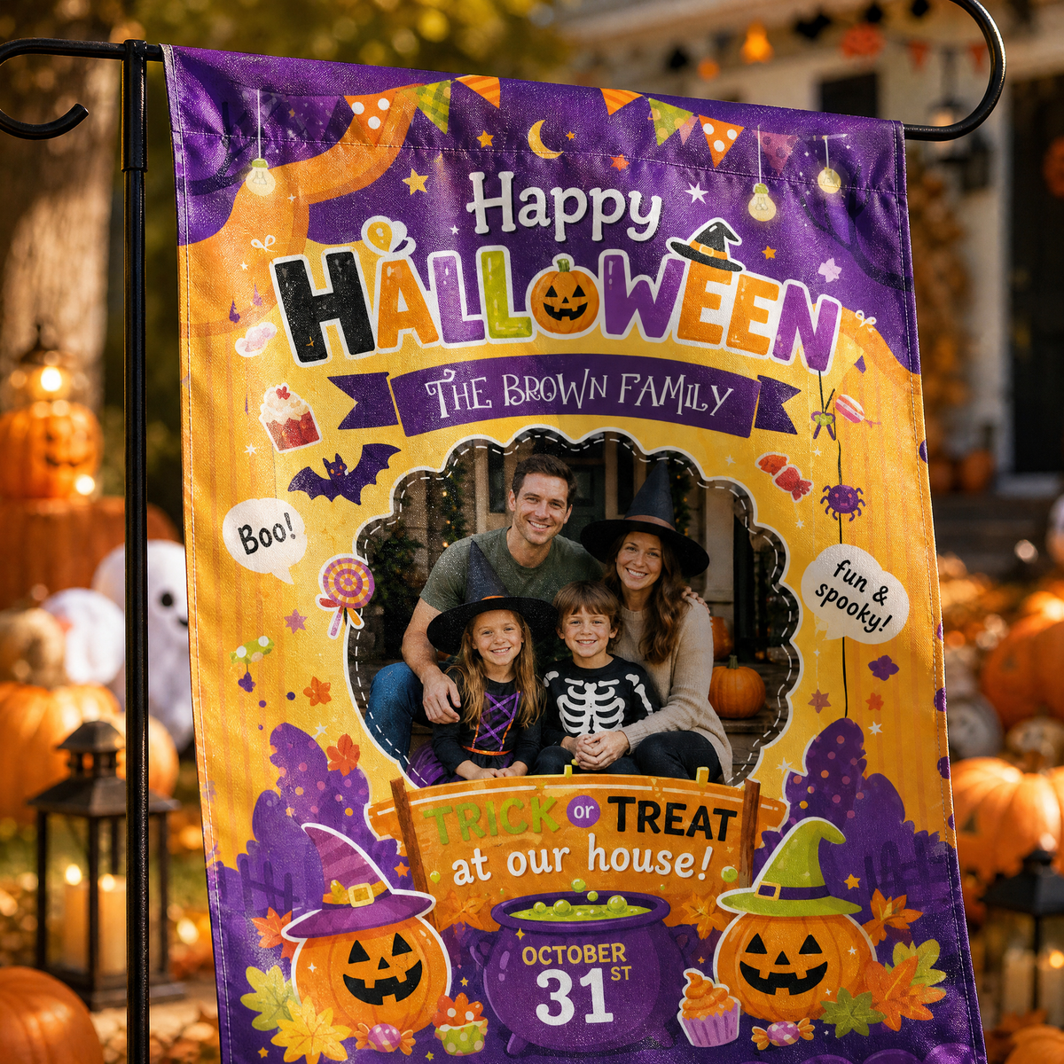 Personalized Happy Halloween Custom Family Photo Pumpkin Cauldron Double Sided Outdoor Garden Flag Custom Name Yard Banner