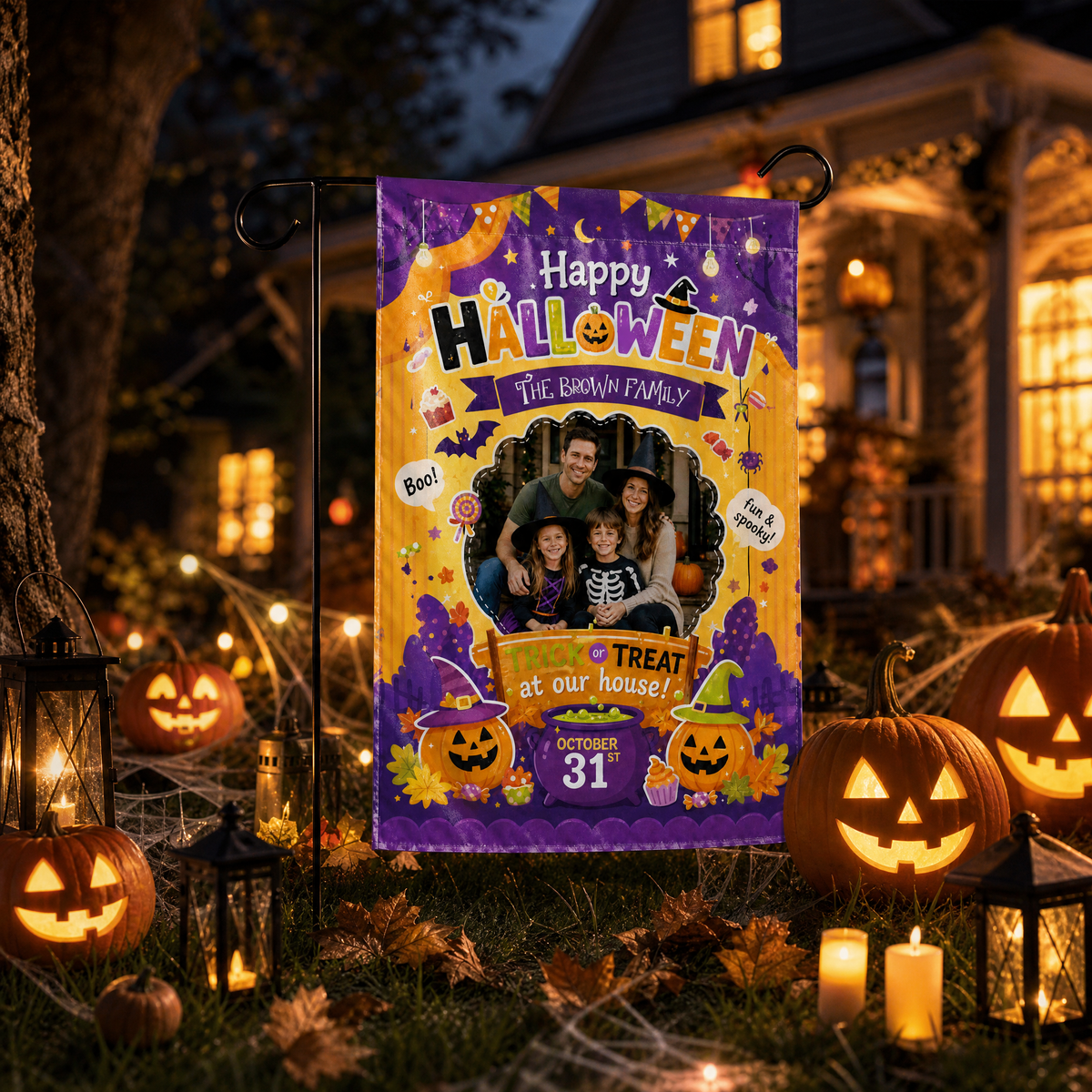 Personalized Happy Halloween Custom Family Photo Pumpkin Cauldron Double Sided Outdoor Garden Flag Custom Name Yard Banner