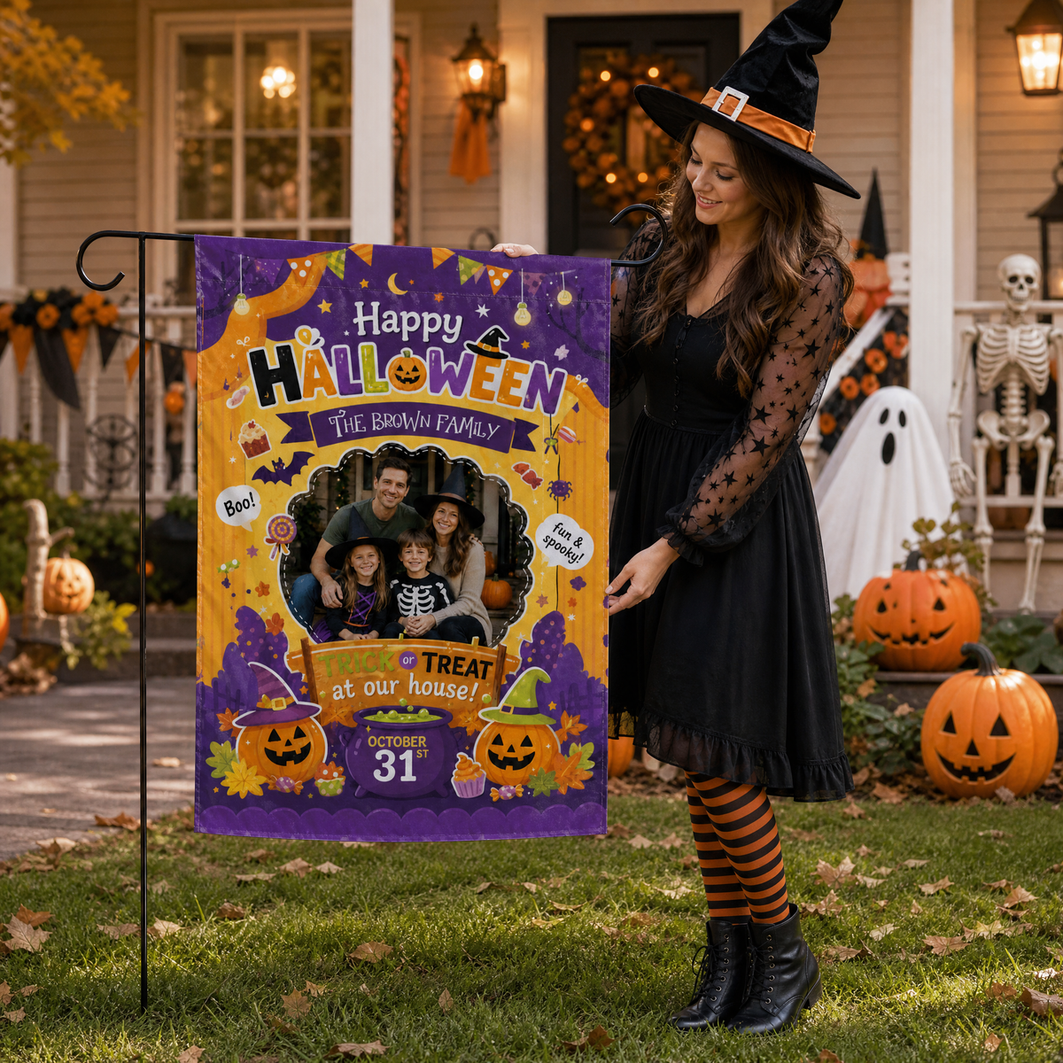 Personalized Happy Halloween Custom Family Photo Pumpkin Cauldron Double Sided Outdoor Garden Flag Custom Name Yard Banner