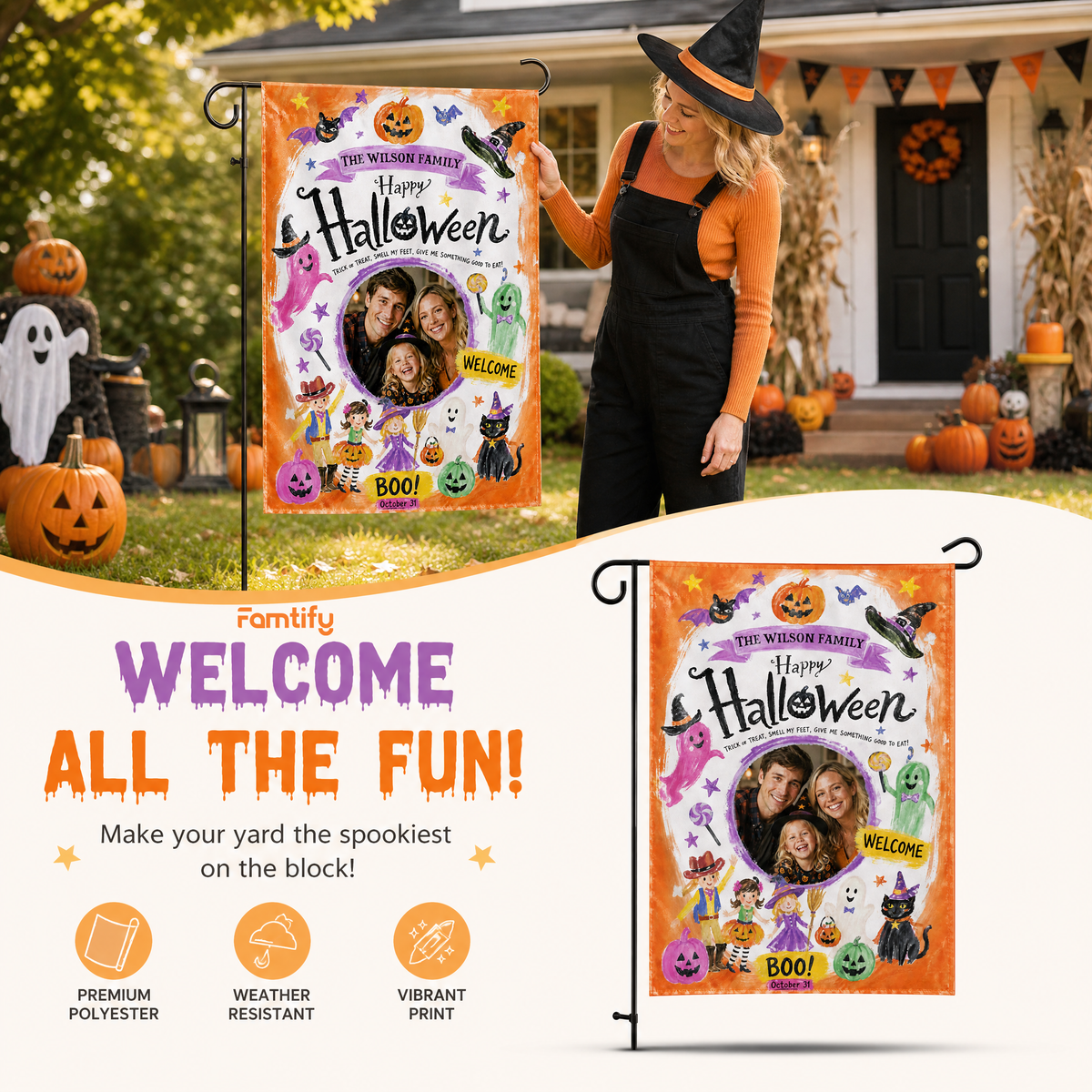 Personalized Happy Halloween Custom Family Photo Kids Trick Or Treat Double Sided Outdoor Garden Flag Custom Name Yard Banner