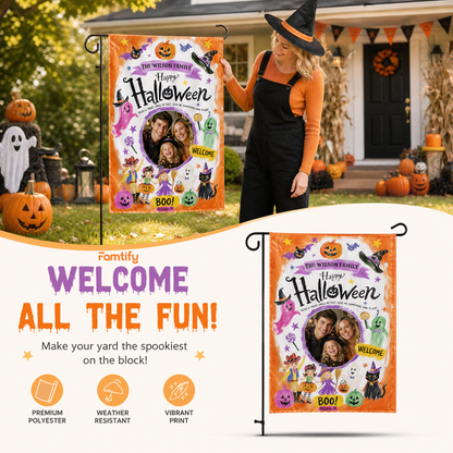 Personalized Happy Halloween Custom Family Photo Kids Trick Or Treat Double Sided Outdoor Garden Flag Custom Name Yard Banner