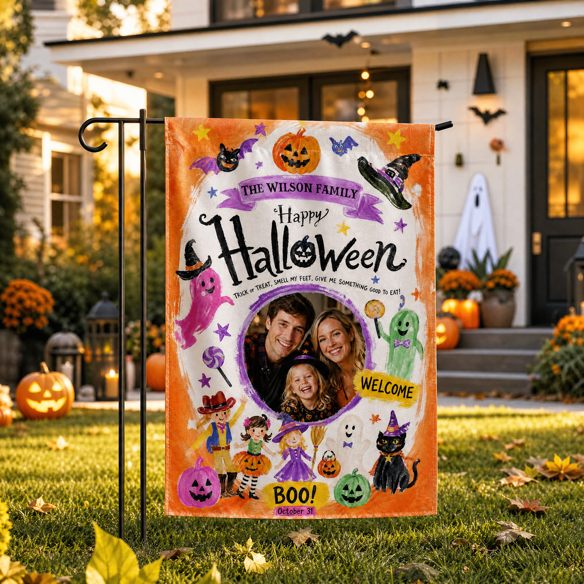 Personalized Happy Halloween Custom Family Photo Kids Trick Or Treat Double Sided Outdoor Garden Flag Custom Name Yard Banner