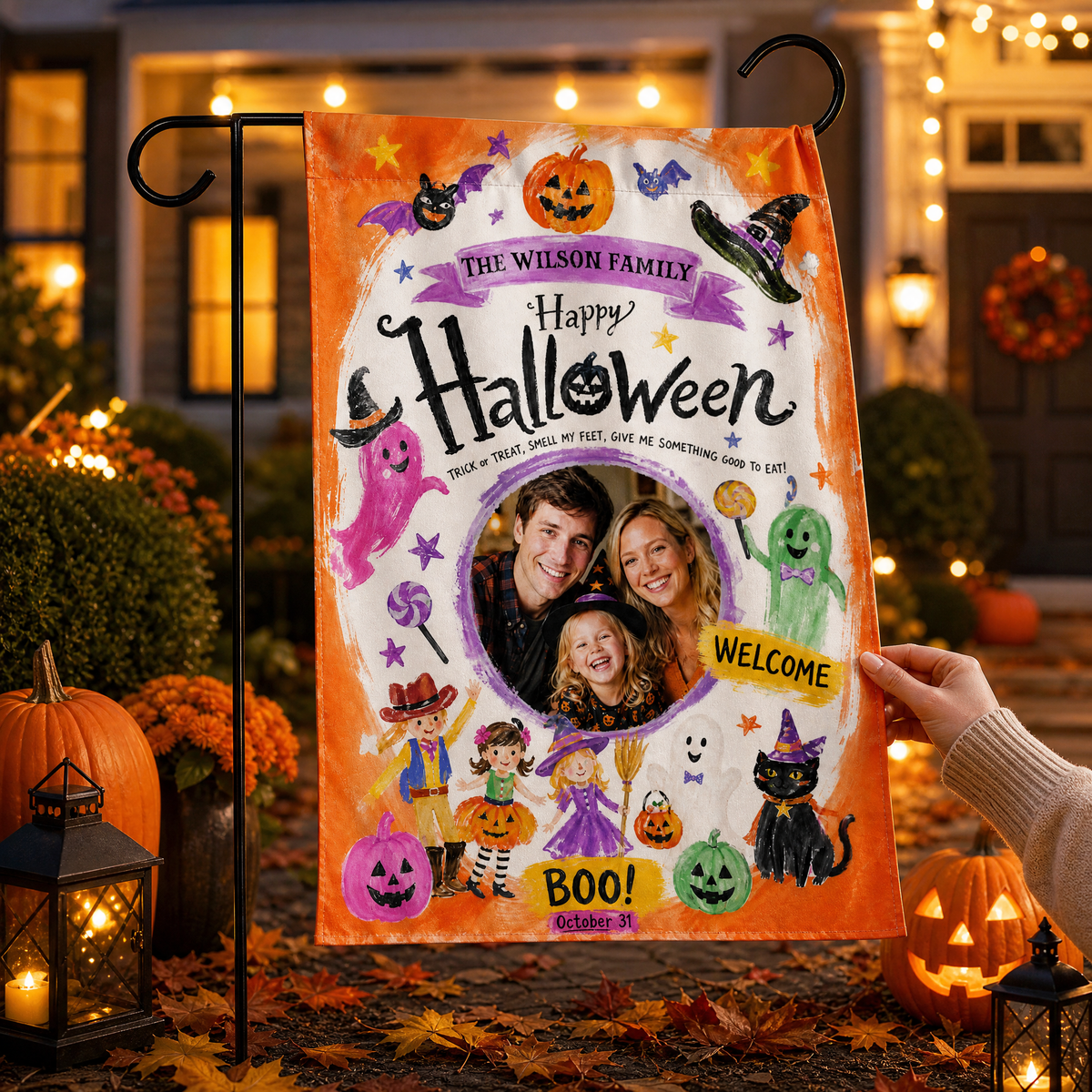 Personalized Happy Halloween Custom Family Photo Kids Trick Or Treat Double Sided Outdoor Garden Flag Custom Name Yard Banner