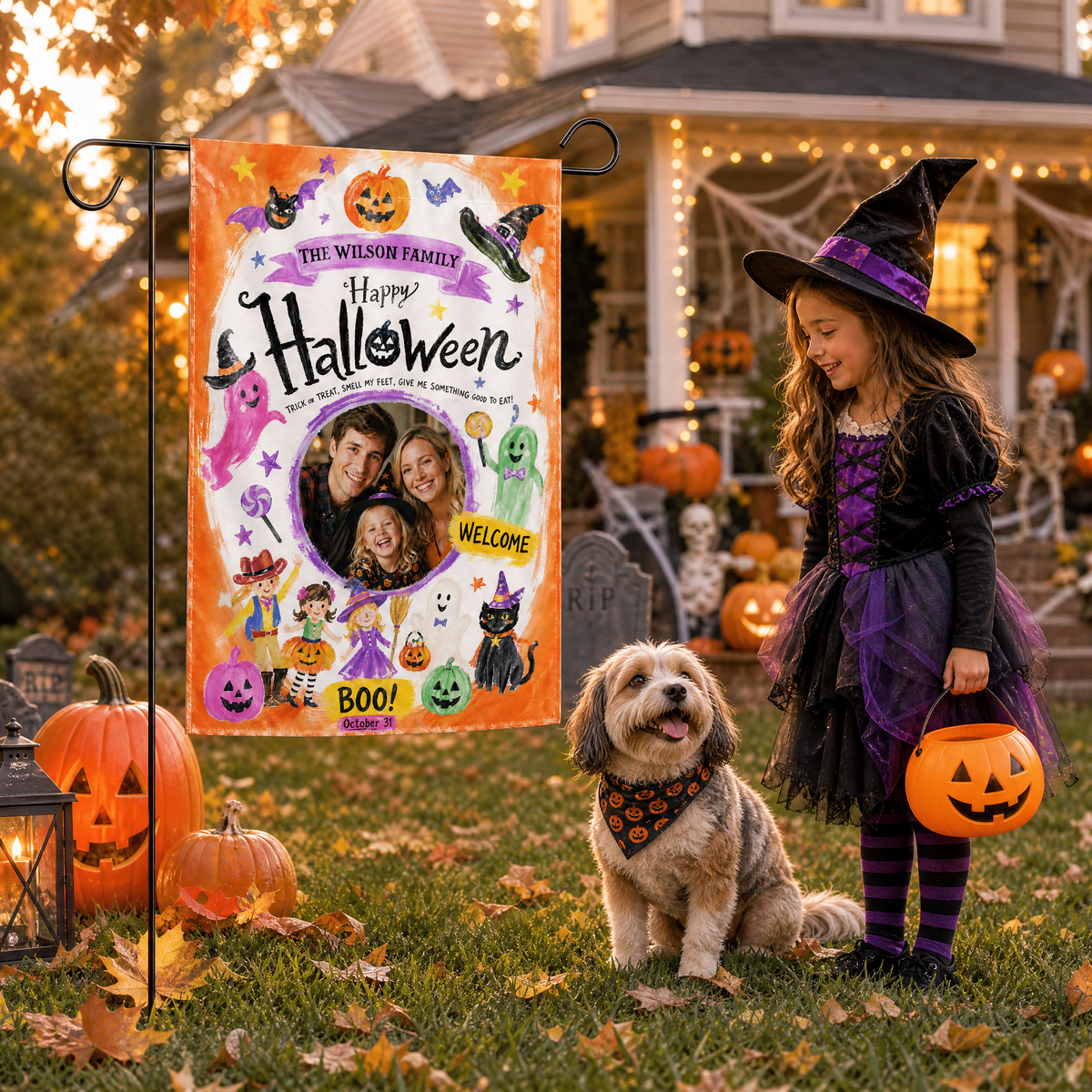 Personalized Happy Halloween Custom Family Photo Kids Trick Or Treat Double Sided Outdoor Garden Flag Custom Name Yard Banner