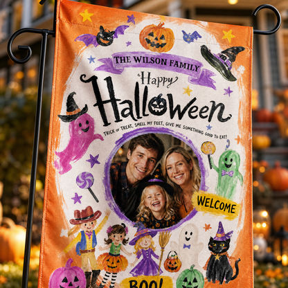 Personalized Happy Halloween Custom Family Photo Kids Trick Or Treat Double Sided Outdoor Garden Flag Custom Name Yard Banner