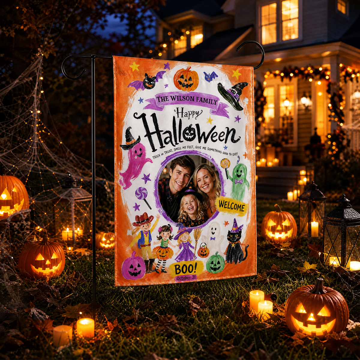 Personalized Happy Halloween Custom Family Photo Kids Trick Or Treat Double Sided Outdoor Garden Flag Custom Name Yard Banner