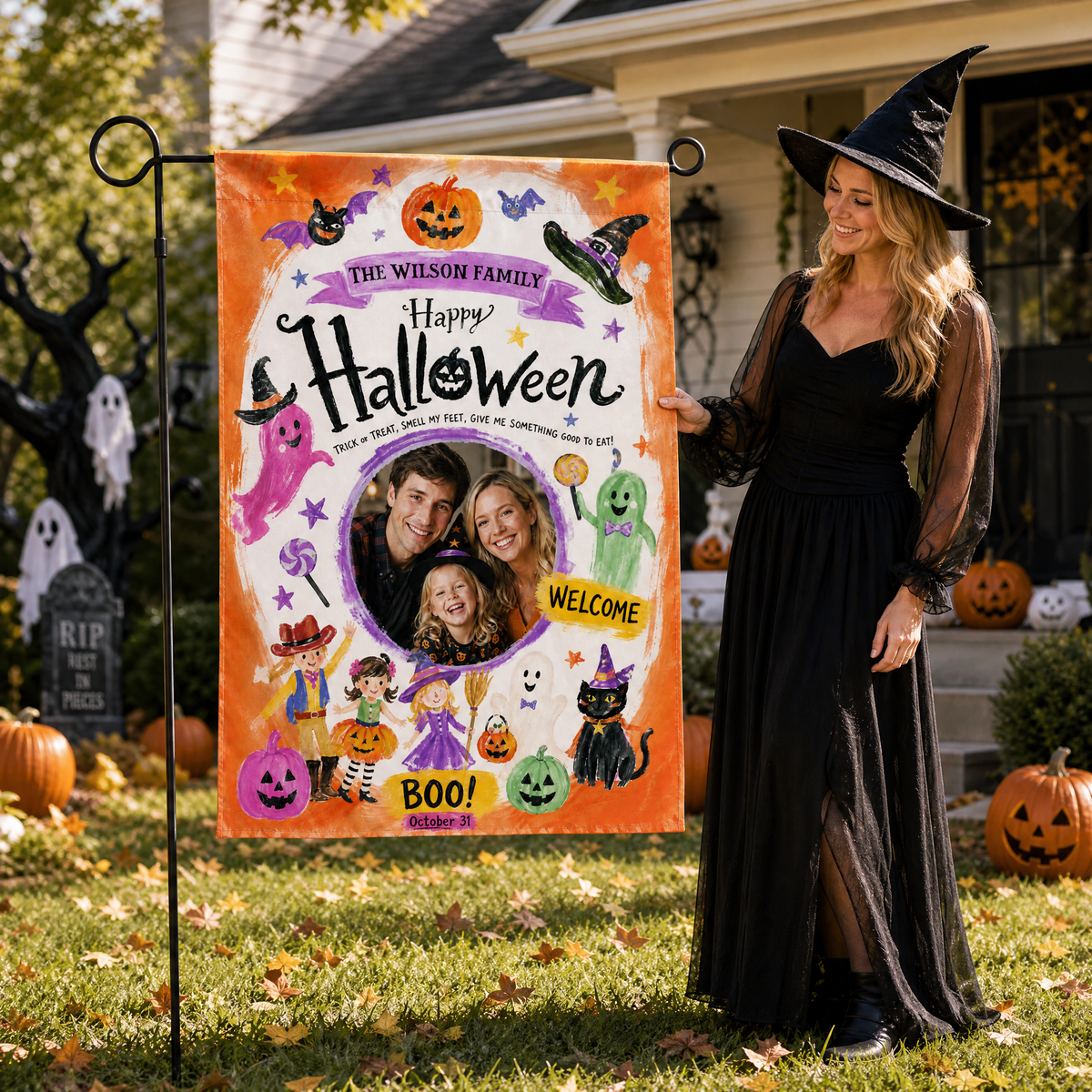 Personalized Happy Halloween Custom Family Photo Kids Trick Or Treat Double Sided Outdoor Garden Flag Custom Name Yard Banner