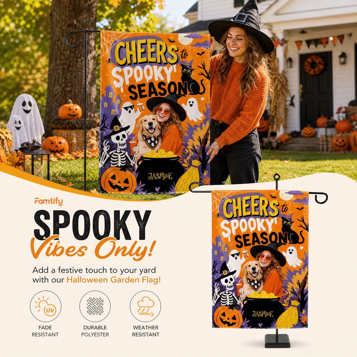 Personalized Cheers To Spooky Season Custom Photo Dog Witch Double Sided Outdoor Garden Flag Custom Name Yard Banner