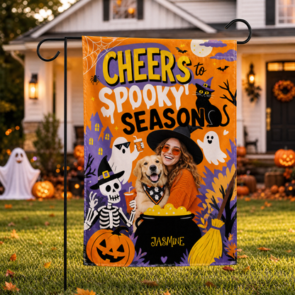 Personalized Cheers To Spooky Season Custom Photo Dog Witch Double Sided Outdoor Garden Flag Custom Name Yard Banner