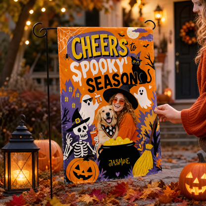 Personalized Cheers To Spooky Season Custom Photo Dog Witch Double Sided Outdoor Garden Flag Custom Name Yard Banner