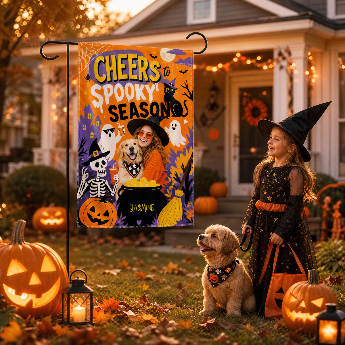 Personalized Cheers To Spooky Season Custom Photo Dog Witch Double Sided Outdoor Garden Flag Custom Name Yard Banner