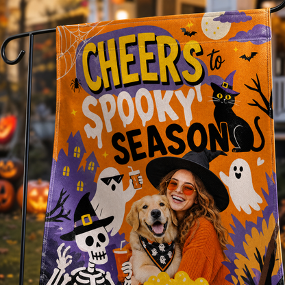 Personalized Cheers To Spooky Season Custom Photo Dog Witch Double Sided Outdoor Garden Flag Custom Name Yard Banner