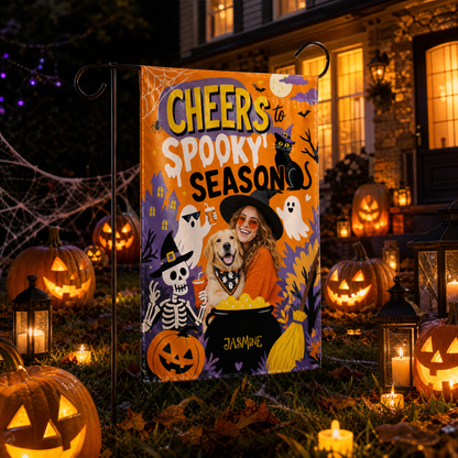 Personalized Cheers To Spooky Season Custom Photo Dog Witch Double Sided Outdoor Garden Flag Custom Name Yard Banner