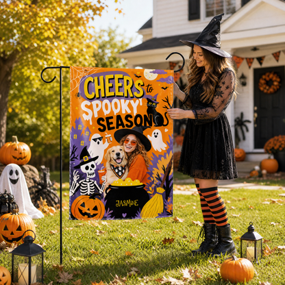 Personalized Cheers To Spooky Season Custom Photo Dog Witch Double Sided Outdoor Garden Flag Custom Name Yard Banner
