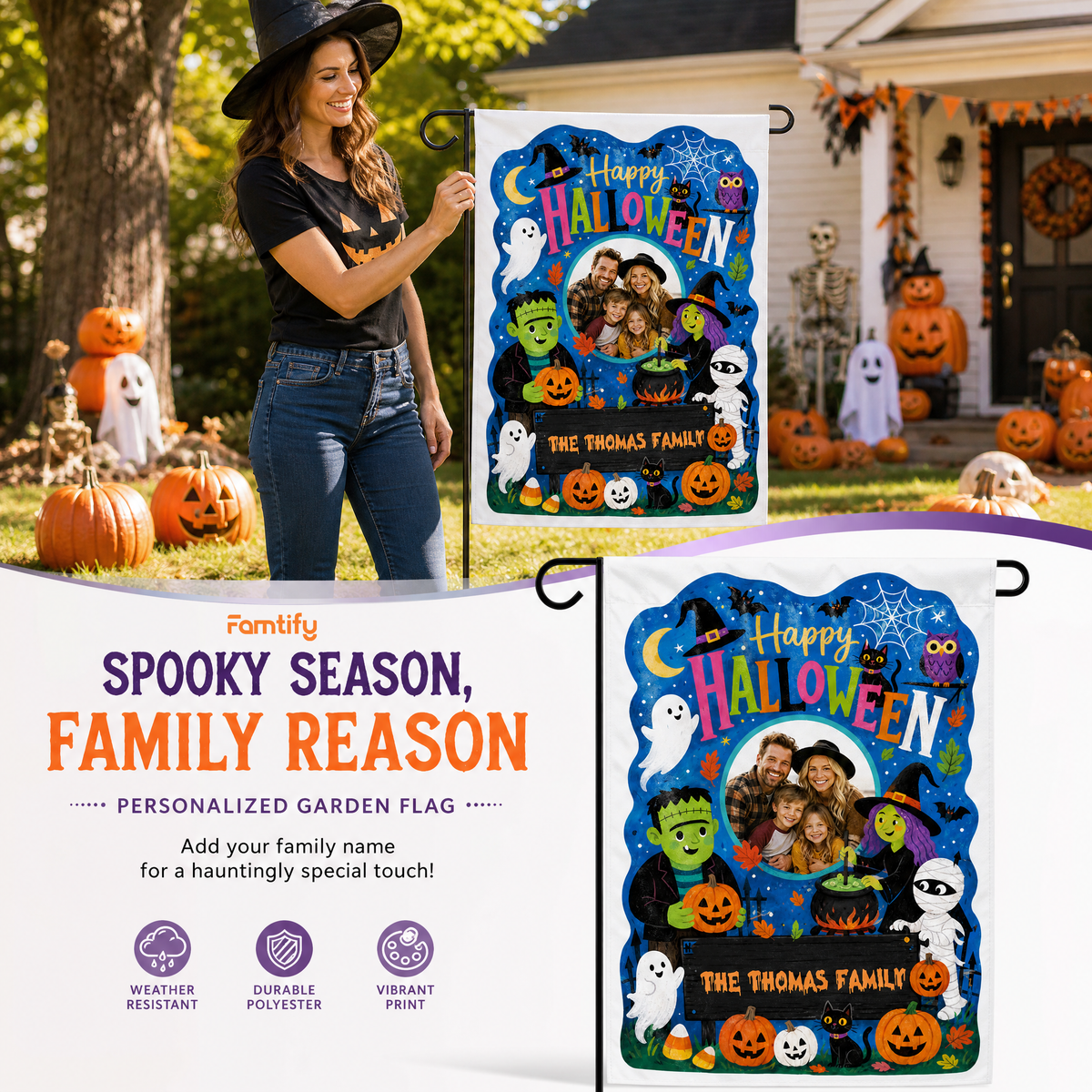 Personalized Happy Halloween Custom Family Photo Frankenstein Witch Mummy Double Sided Outdoor Garden Flag Custom Name Yard Banner